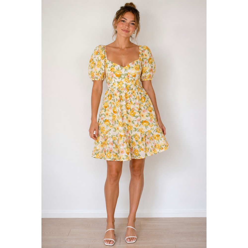 &Merci Floral Puff Sleeve Cottagecore Dress Women's Medium Sweetheart Neck